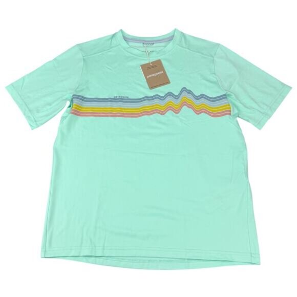 NWT PATAGONIA Kids' Capilene Silkweight T-Shirt Size XL Rise Stripe Early Teal - Picture 2 of 5